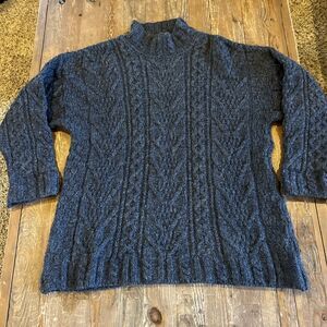 Inis Crafts Men’s L Wool Aran Cable Knit Sweater Charcoal Gray Ireland Mock Neck